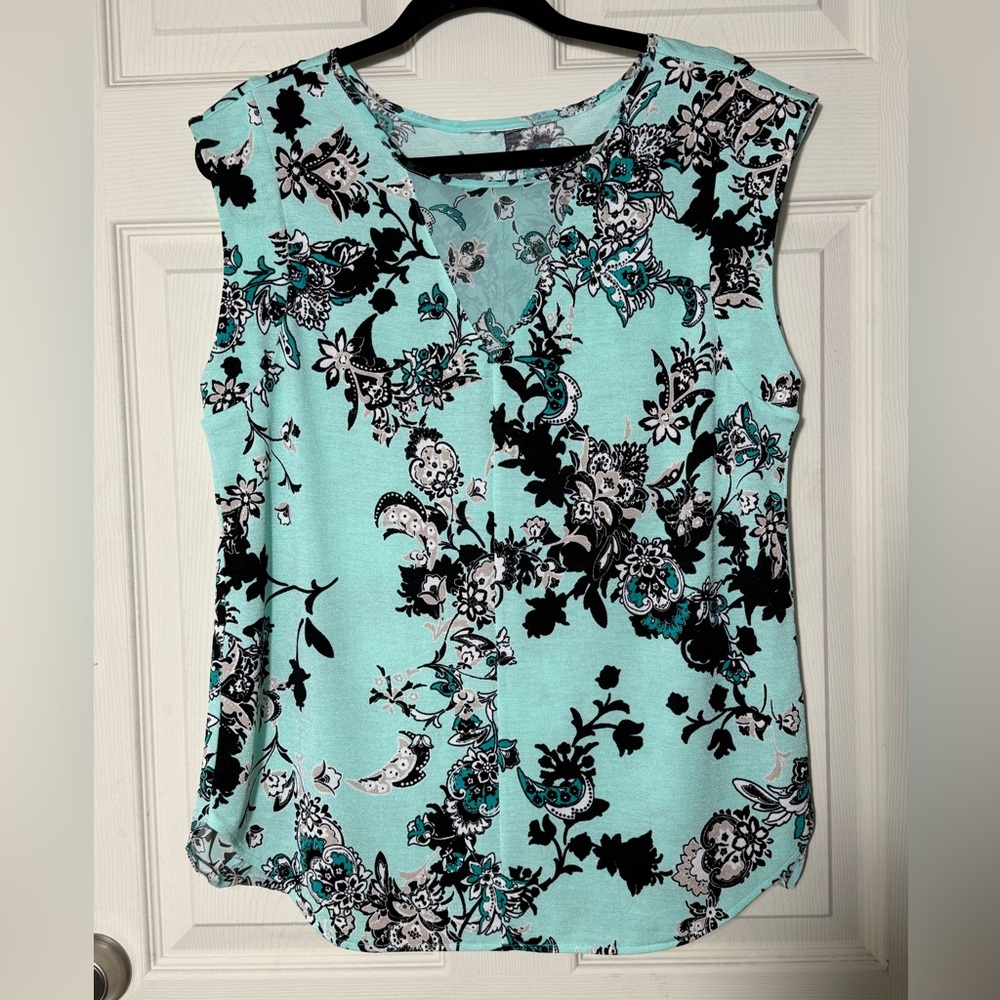 Floral Sleeveless Top - Black and Teal Sz Large